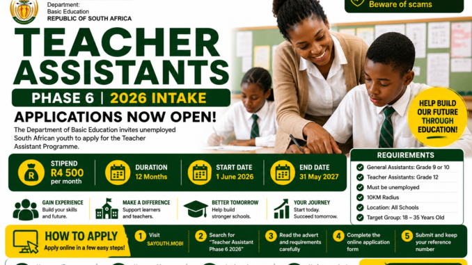 Teacher Assistants Phase 6 2026 Intake Applications Now Open in South Africa